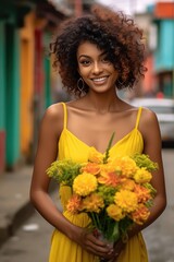 Fictional Character Created By Generated AI.Beautiful woman in yellow dress holds a bouquet of yellow flowers