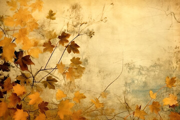 Naklejka na ściany i meble Autumn leaves background in vintage style. Chemigram and photogram image created using Generative AI technology. Copy space