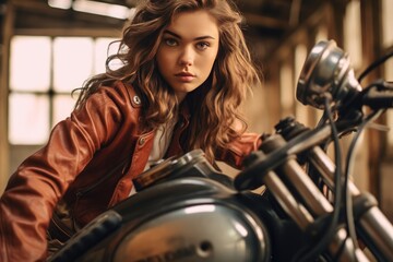 Fictional Character Created By Generated AI.Beautiful woman poses with a motorcycle