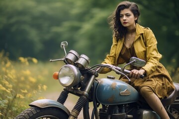 Fictional Character Created By Generated AI.Beautiful woman riding a blue motorcycle on a dirt road