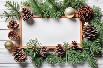Fototapeta na wymiar christmas background with pine branch, fir and christmas tree decorations on a wooden frame. top view. copy spacechristmas background with pine branch, fir and christmas tree decorations on a wooden f