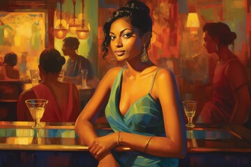 Fictional Character Created By Generated AI.Sophisticated woman in a cocktail dress at a bar