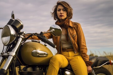 Fototapeta na wymiar Fictional Character Created By Generated AI.A woman sitting on a motorcycle, posing for a picture