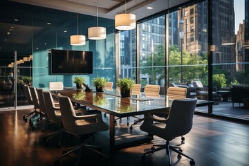 Fototapeta na wymiar Office Boardroom With A Sleek Design, Generative AI.