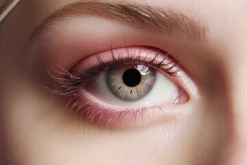 Fictional Character Created By Generated AI.Close-up image of a woman's eye with a slight pink tint and a hint of color on the lid.