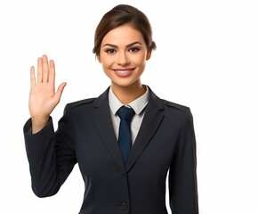 Women wearing uniforms smiling and waving isolated on pain background