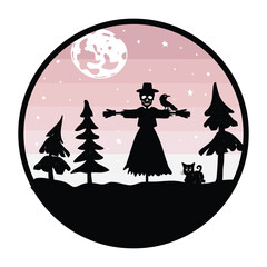 pink landscape for halloween with scarecrow,  vector silhouette