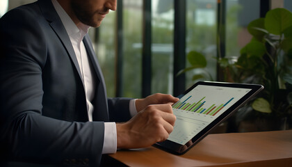 Businessman using tablet analyzing data and graph chart. Generative AI