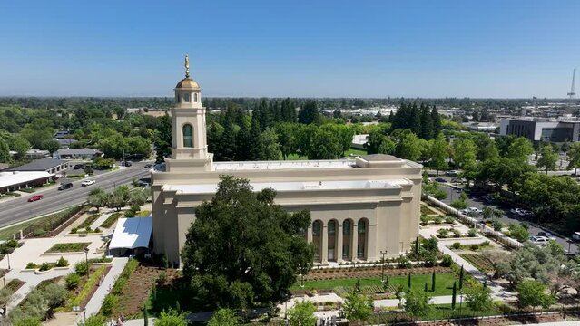 Aerial Feather River Yuba City California LDS temple pull 3. Yuba City, California.  The Church of Jesus Christ of Latter-day Saints, Mormon church. Christian religion sacred building worship.
