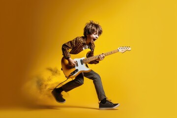 Fototapeta na wymiar Little Boy Rocks Out on Electric Guitar
