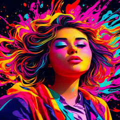 Beautiful girl with bright make-up and colorful splashes. Fictitious person illustration made by Generative AI.