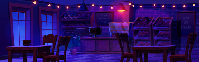 Night bakery shop interior with counter cartoon background. Lamp glow in cafe with cake and sweet pastry food. Donut and dessert showcase shelves furniture. Nobody in bread house in dark evening