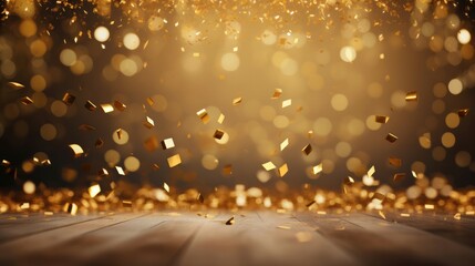 Golden confetti rain on festive stage background. - obrazy, fototapety, plakaty