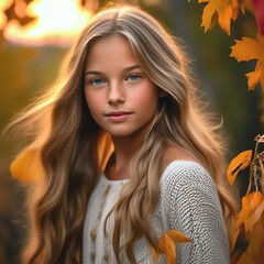 Autumn portrait of a beautiful young girl with long blond hair. Fictitious person illustration made by Generative AI.