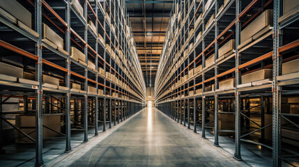 Fototapeta premium The Imposing Interior of a Massive Warehouse. Generative AI