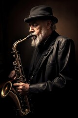 Fictional Character Created By Generated AI.Saxophonist in Leather Jacket and Hat