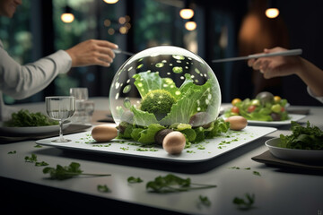 Illustration of future technology of creating food with AI and synthetic