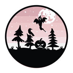 pink halloween landscape with ghost and pumpkin vector silhouette