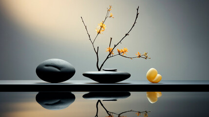 Natural stones and decorative branch with yellow blosson in a room with grey walls