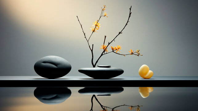 Natural stones and decorative branch with yellow blosson in a room with grey walls