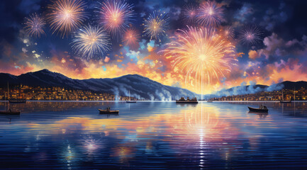a full set of fireworks under an evening sky with a lake