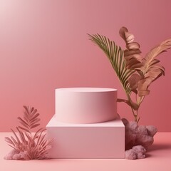 podium with natural product and palm tree on pink background. 3 d podium with product stand. 3 d rendering.podium or stal display with tropical palm leaf. podium with product on pastel pink color. 3 d - obrazy, fototapety, plakaty