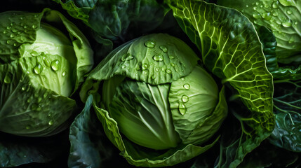 Obraz premium Water Droplets on Cabbage Leaves. Generative AI