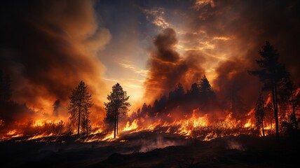 Fototapeta na wymiar intense flames caused by a significant forest fire. As they roar over sagebrush and pine trees, flames illuminate the night. .
