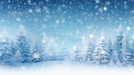 Winter Panoramic Background.  Snowy Fir Branches and Falling Snowflakes