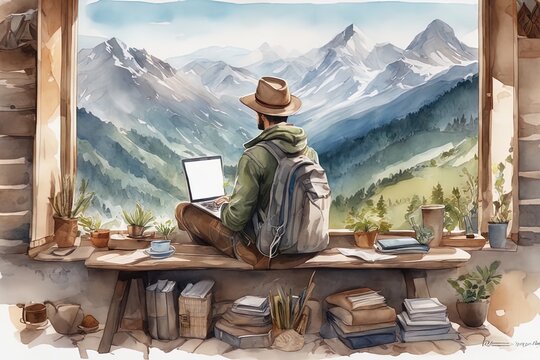 young girl in a hat and a backpack sits on a wooden table with a computer, looks through the window, a mountain landscape, ayoung girl in a hat and a backpack sits on a wooden table with a computer, l