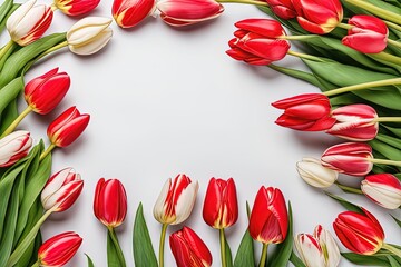 beautiful red and white tulips on grey background. top viewbeautiful red and white tulips on grey background. top viewbeautiful bouquet of tulips on a white background. holiday greeting card. flat lay