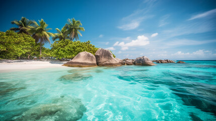 Fototapeta premium Beautiful beach with palms and turquoise sea. AI Generated