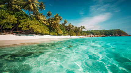 Obraz premium Beautiful beach with palms and turquoise sea. AI Generated