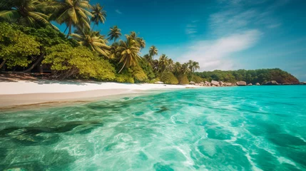 Fototapeten Beautiful beach with palms and turquoise sea. AI Generated © EwaStudio