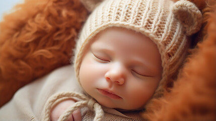 Fototapeta na wymiar Close-up portrait of a newborn sleeping baby