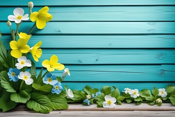 blue flowers and yellow narcissus on wooden backgroundblue flowers and yellow narcissus on wooden backgroundblue spring flowers and wooden planks on blue wooden background. - obrazy, fototapety, plakaty