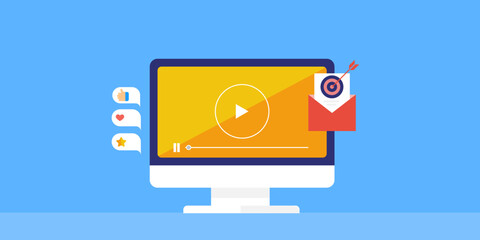 Engaging video content targeting online subscribers with push notification social media content post and update, video ad targeting conceptual web banner.