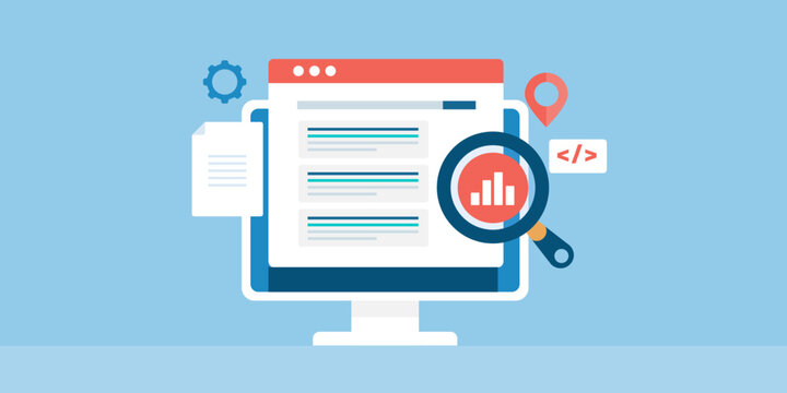 Serach optimization, SEO website ranking on web browser, content marketing, coding and analysing website data with magnifying glass, vector banner.