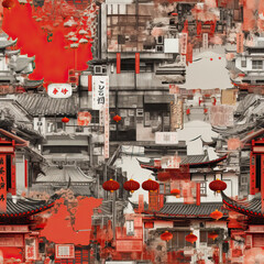 China old traditional street art collage repeat pattern