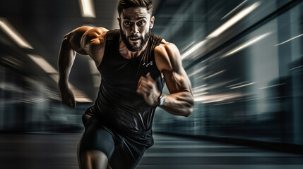 Fototapeta na wymiar A dynamic runner. portrait of active young muscular running man. strong athletic man. AI Generated