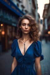 Fototapeta premium young beautiful caucasian woman in blue dress walking in city center. AI Generated