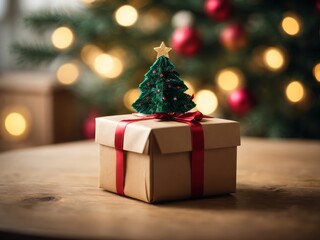 Fototapeta na wymiar Festive Surprise: Tied Bow on Gift Box with Christmas Decoration