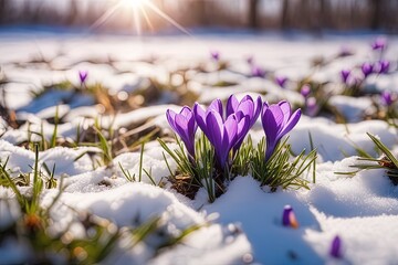 beautiful crocus flower in the snow. spring season beautiful crocus flower in the snow. spring...