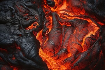 Magma Veins. A close-up view of molten lava with rugged, volcanic textures, showcasing the fiery energy and intense heat of a volcanic eruption.