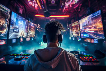 Back view of a young man playing video games in a nightclub.