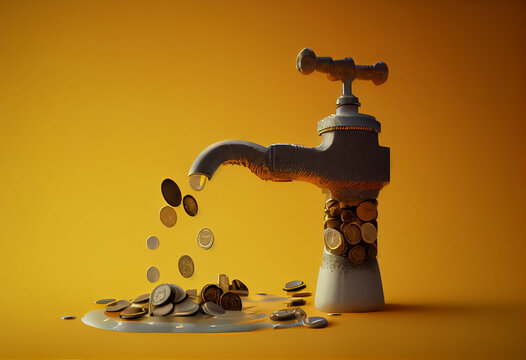 illustration of tap water faucet dripping coins on yellow background.