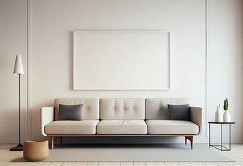 illustration of stylish modern white living room with cozy sofa and empty frame on wall.