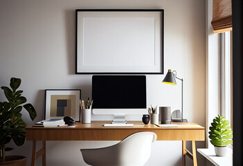illustration of comfortable office chr near table with modern computer empty space poster white frame on wall.
