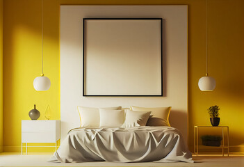 illustration of stylish modern yellow and white bedroom with cozy bed and empty frame on wall.