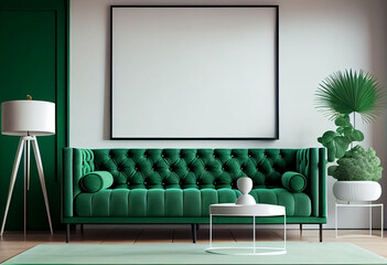 illustration of stylish modern green and white living room with cozy sofa and empty frame on wall.